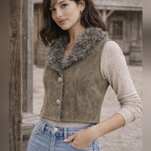 VINTAGE Deborah Murray Faux Suede Shearling Vest Button Front Size Medium